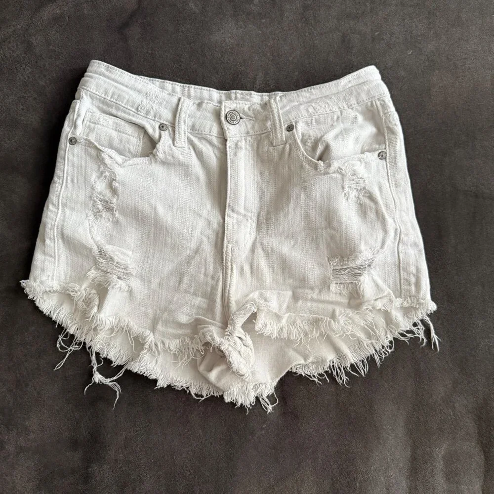 White Distressed High-Rise Denim Shorts By Eunina - Picture 1 of 4
